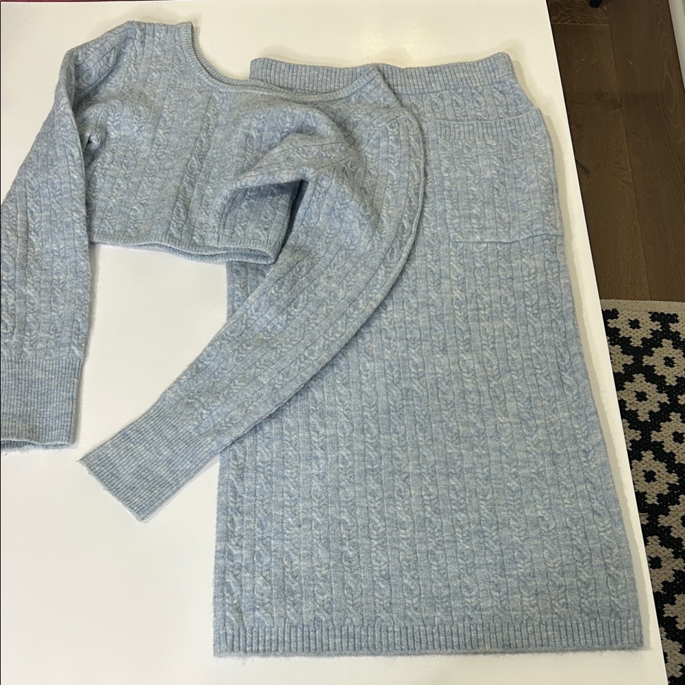 Light Blue Cable Knit Sweater and Skirt Set